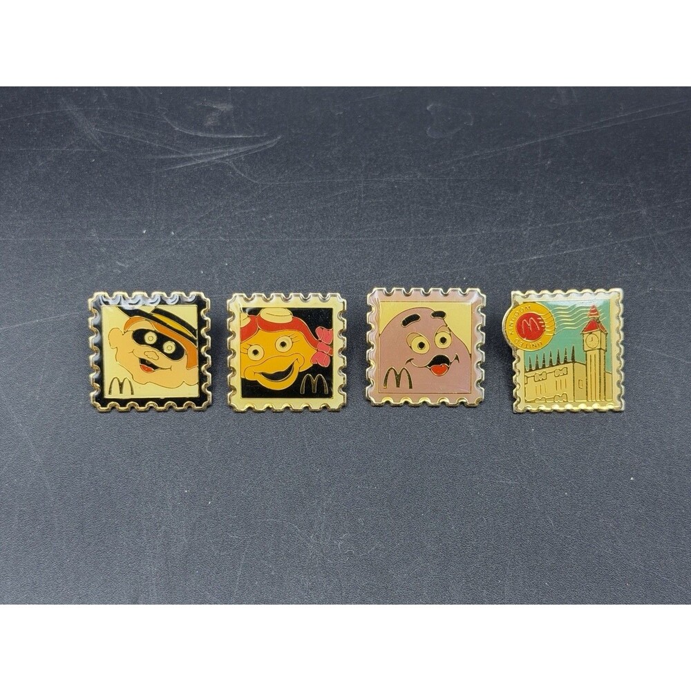 Vintage McDonalds 4 Lapel Pins Collectible HAMBURGLAR, Birdie, Grimace, UK Stamp